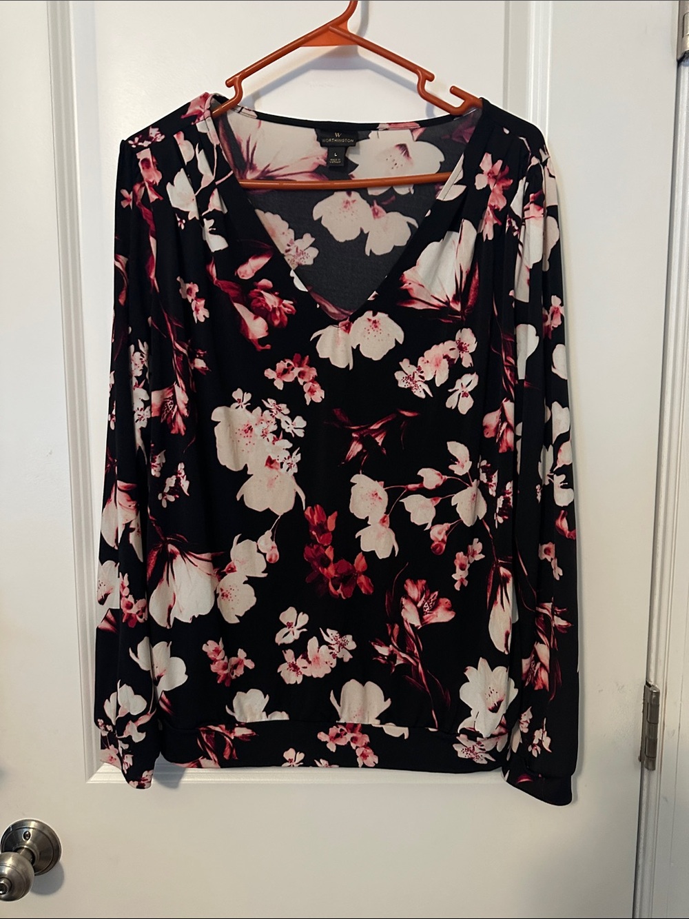 Worthington Black Floral V-Neck Long Sleeve Top - Pink & White Blooms
